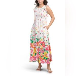 Mr. Zimi Abbie Floral Viscose Smocked Bodice Maxi Dress White Multicolor Size 10